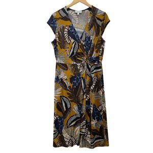 Boho Floral Wrap Dress Womens Size Large Yellow Blue Leaf Print Midi Cap‎ Sleeve